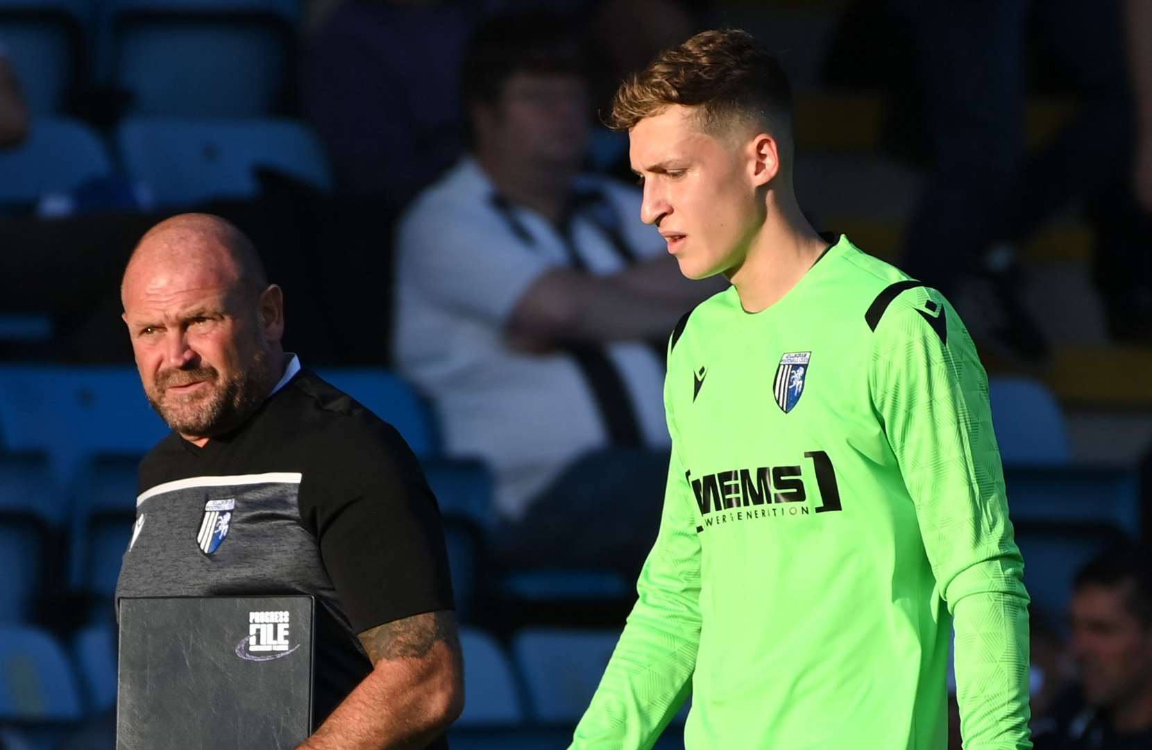 Gillingham goalkeeper Jamie Cumming with coach Ian Pledger Picture: Barry Goodwin