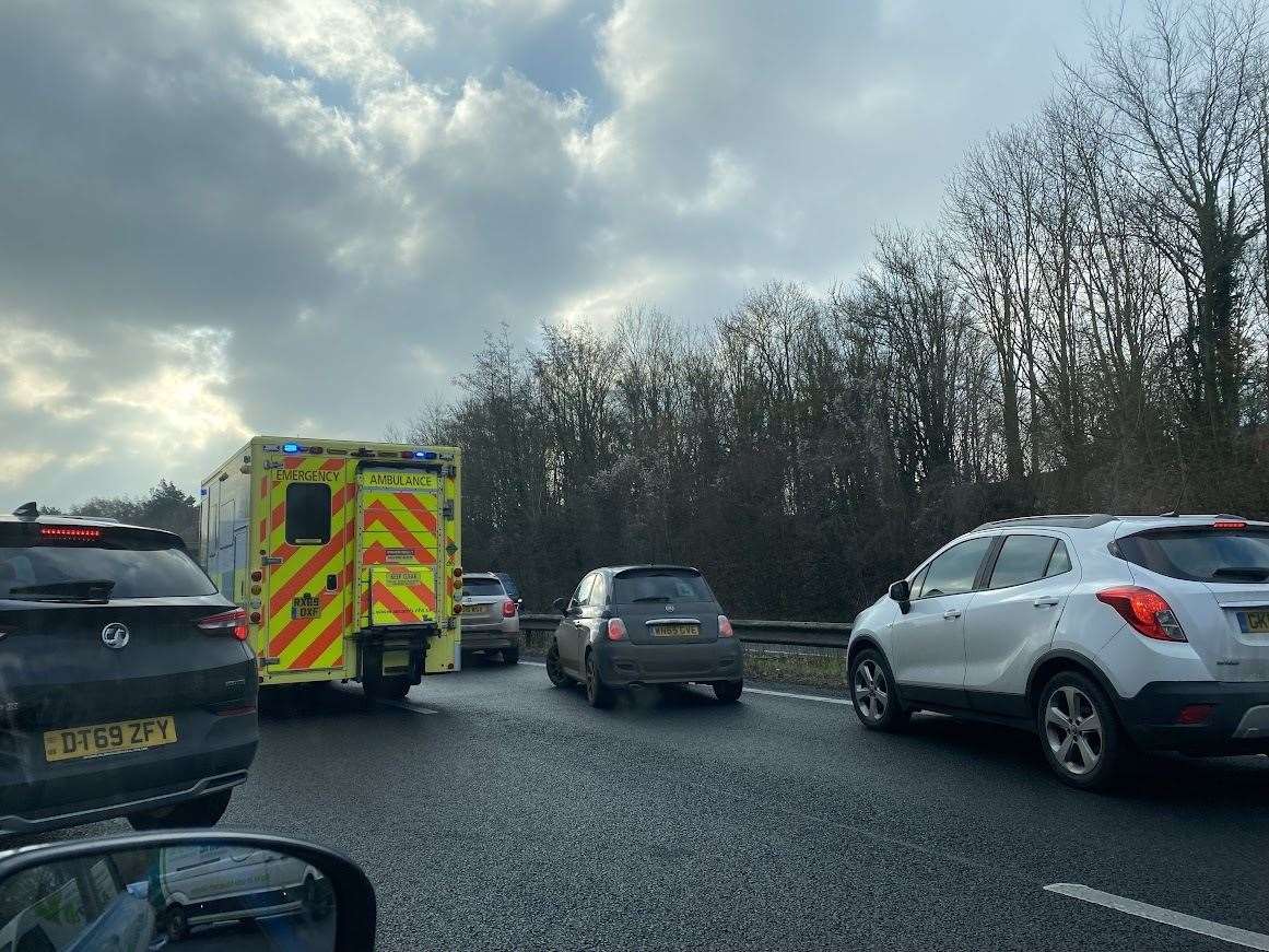 An ambulance is at the scene of a crash on the A2 in Canterbury