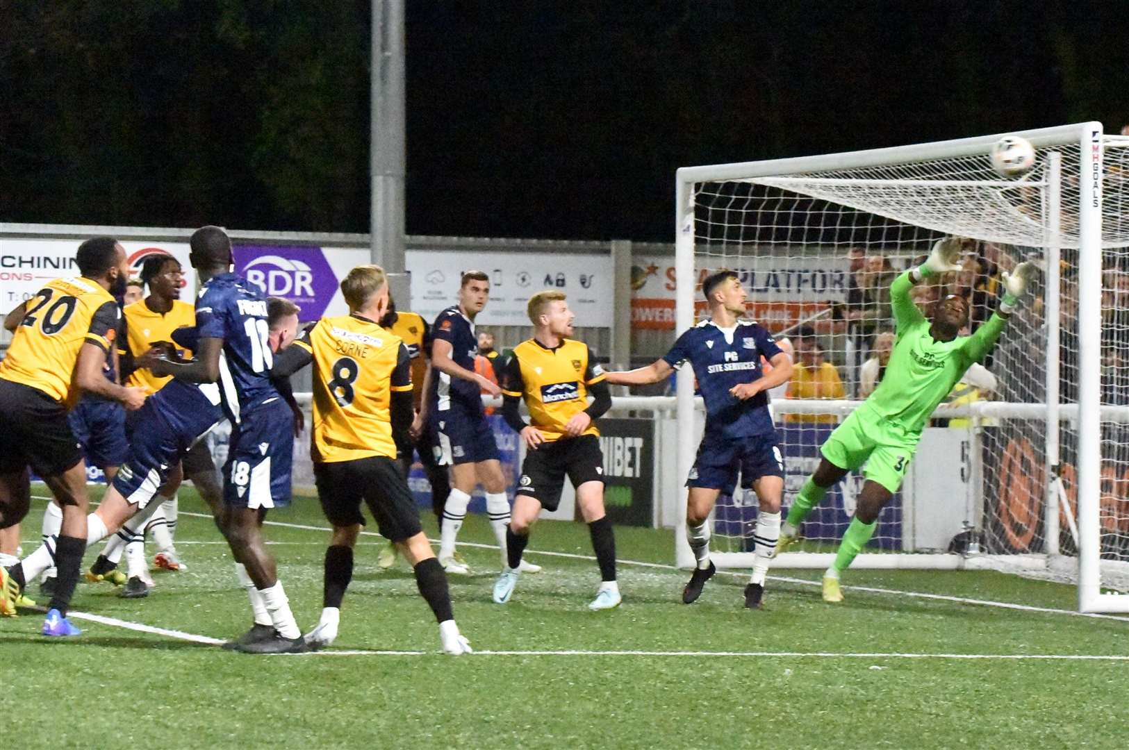 Reiss Greenidge hits the woodwork with Maidstone 2-0 down in the second half. Picture: Steve Terrell