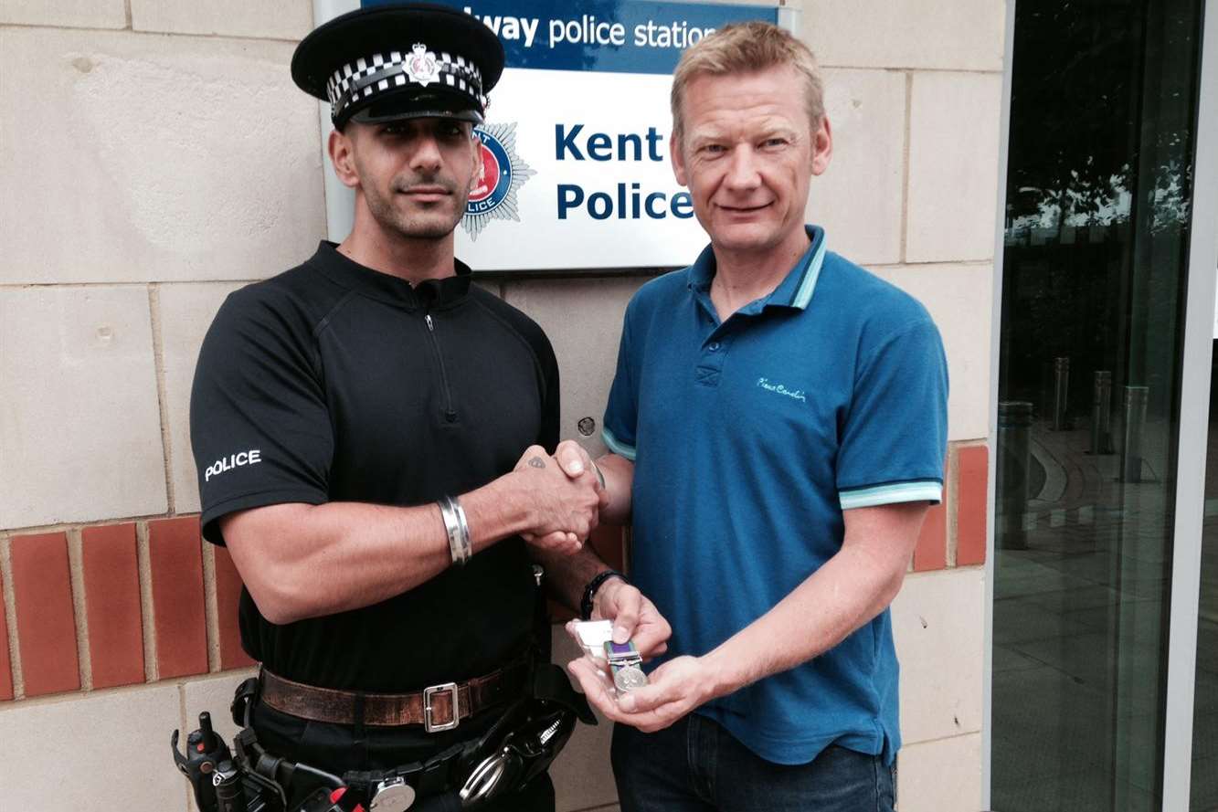 PC Suki Attwal, with Lloyd Bettles, who was reunited with his medal
