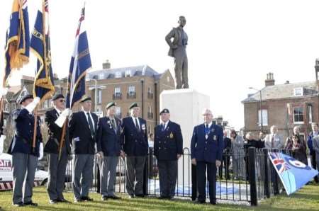 Ex-servicemen on parade at the statue of Sir Barnes Wallis