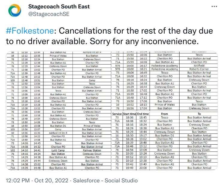 A Twitter update from Stagecoach about ongoing bus cancellations