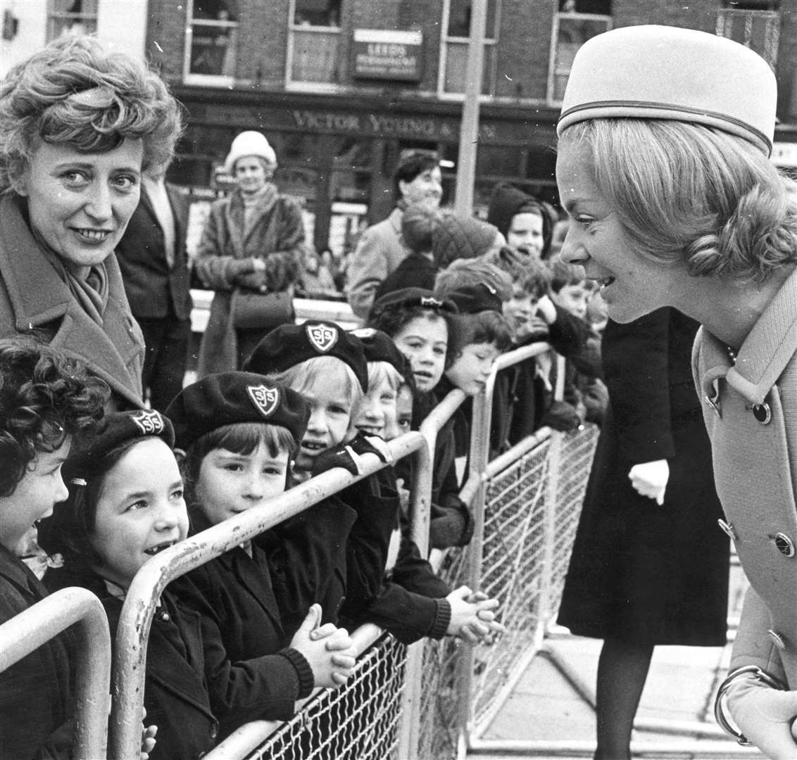 Gravesend's civic centre was officially opened by the Duchess of Kent in November 1968. Afterwards the Duchess chatted to some of the many schoolchildren waiting outside