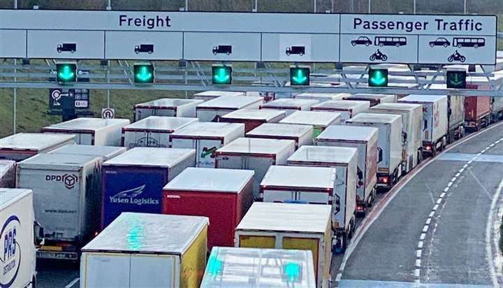 Lorries queue at the Eurotunnel terminal. Picture: Barry Goodwin
