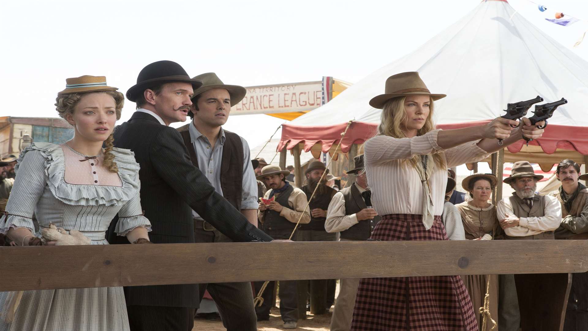 A Million Ways To Die In The West, with Louise (Amanda Seyfried), Foy (Neil Patrick Harris), Albert (Seth MacFarlane) and Anna (Charlize Theron). Picture: PA Photo/UPI Media