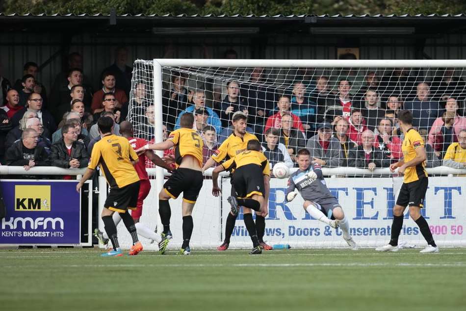 Maidstone keeper Lee Worgan denies Welling with a vital save Picture: Martin Apps FM3478103