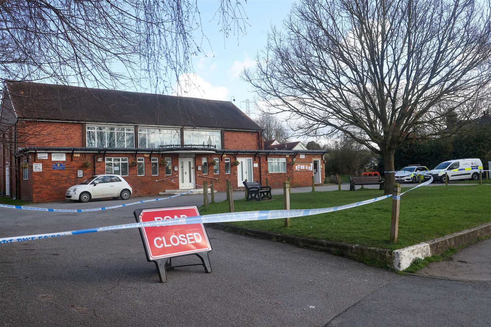 The entrance to Horton Kirby and South Darenth Village Hall was taped off by police. Images: UKNIP