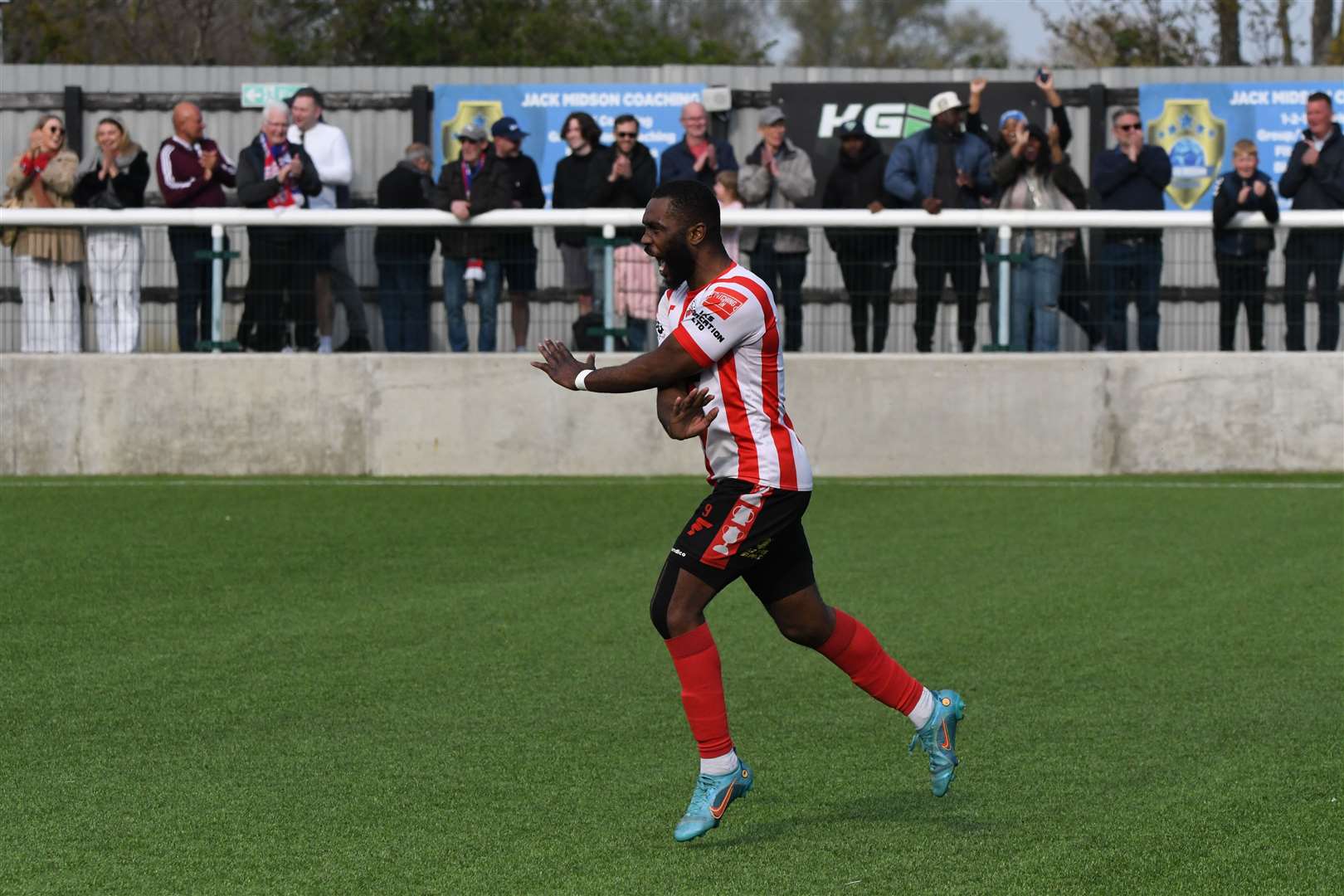 Warren Mfula celebrates scoring Sheppey's second goal in their 2-0 win over Lancing Picture: Marc Richards