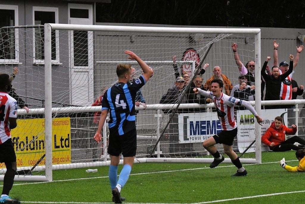 Billy Bennett opens the scoring for Sheppey at the end of the first half on Monday Picture: Marc Richards