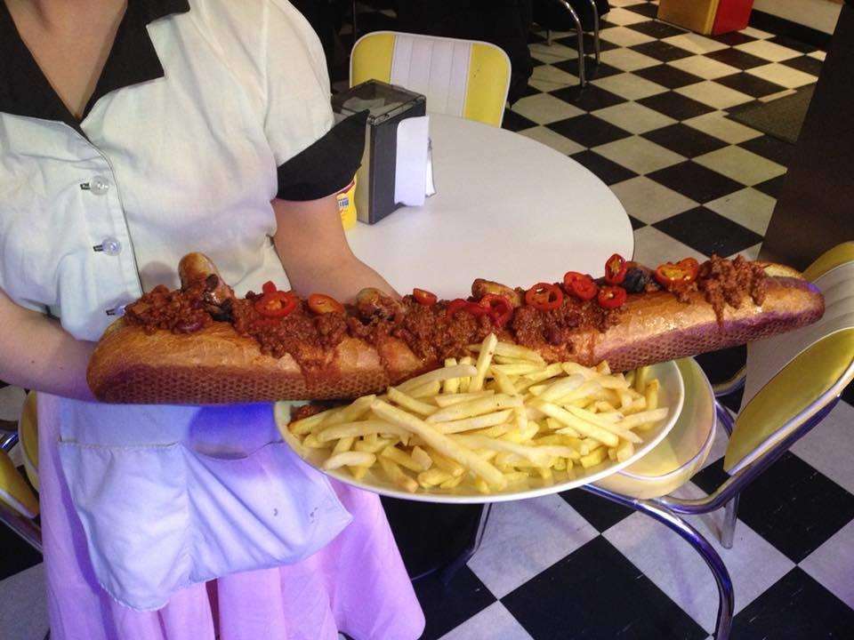 A giant chilli dog at Hot Rod Diner