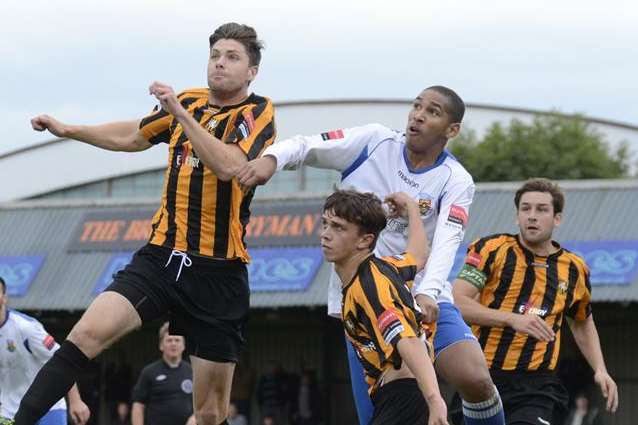 Action from Folkestone's 6-0 win over Waltham Forest in the last round of the FA Trophy (Pic: Gary Browne)