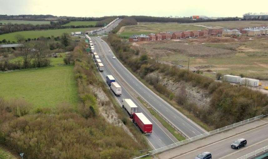 HGVs trailing back several miles from the port of Dover into Whitfield and Tilmanstone bypass on Saturday afternoon. Picture: Steve Reeve Photography