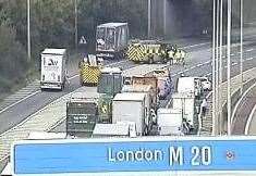 The M20 has been closed between Junction 5 and 6 after a lorry spilled diesel on the road near Maidstone. Picture: National Highways
