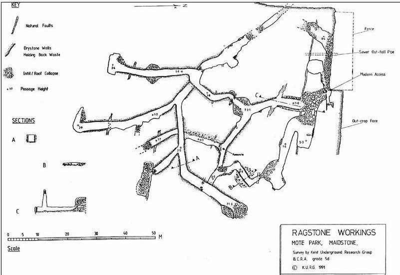The map of the tunnels through the mines at Mote Park