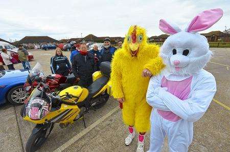 Chicken Carl Frere and Easter Bunny Shane Weston with some of the bikers