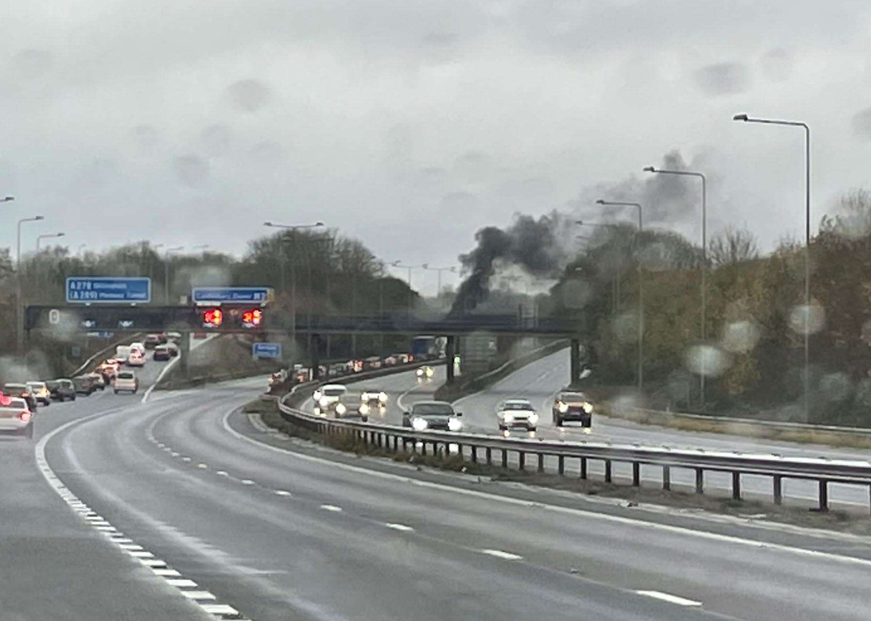 Traffic queuing on the M2 after a car caught fire