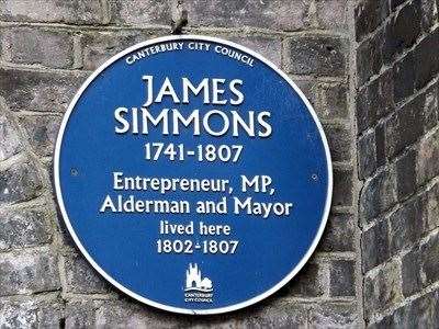 A plaque to former mayor and businessman James Simmons in Canterbury