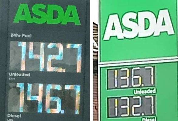 ASDA Sittingbourne's petrol prices compared to ASDA Rainham’s prices. Picture: Colin John Mortimer and Samuel Baverstock