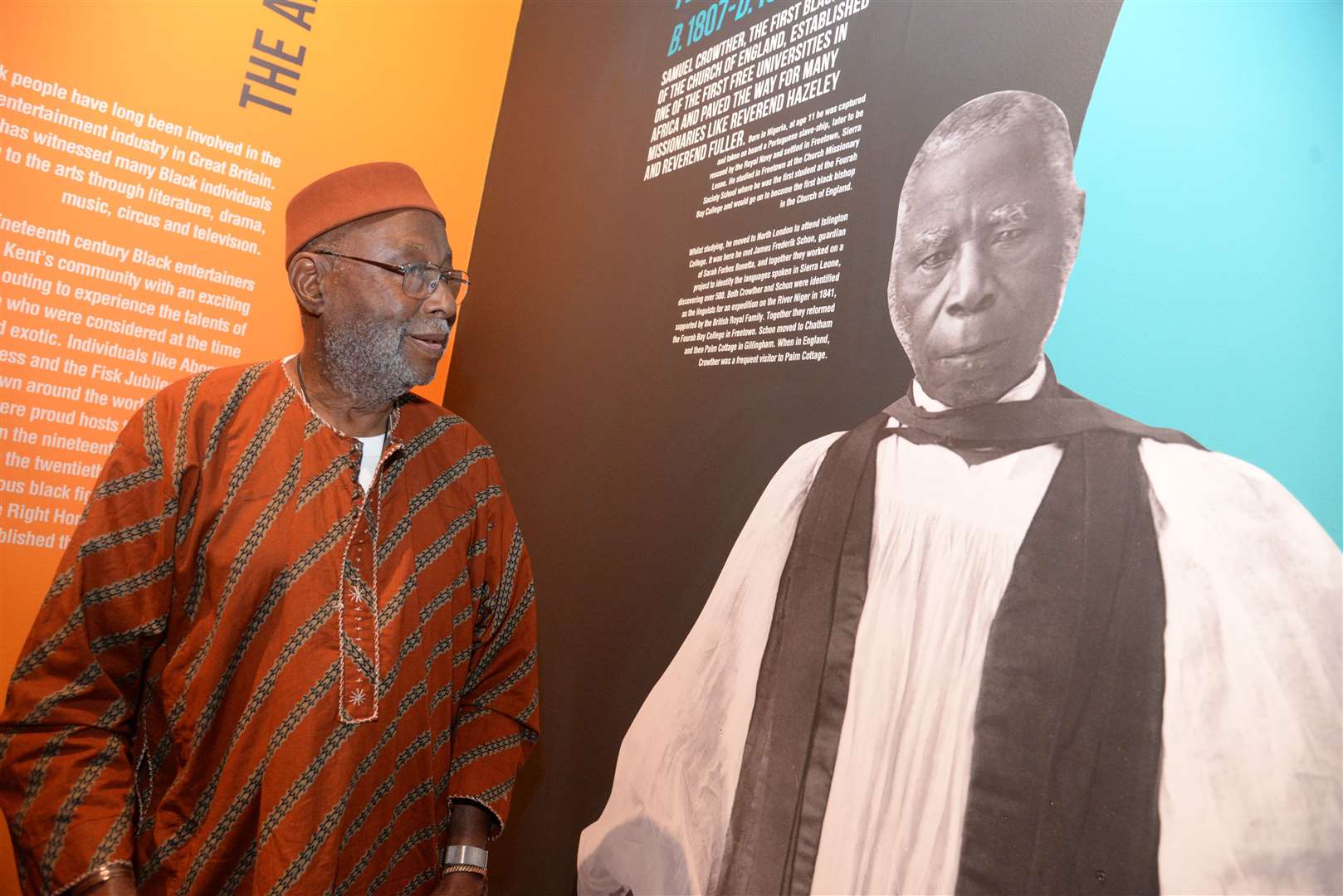 Arnold Awooner-Gordon, with the display depicting his great Grandfather Bishop Samuel Crowther. Picture: Chris Davey