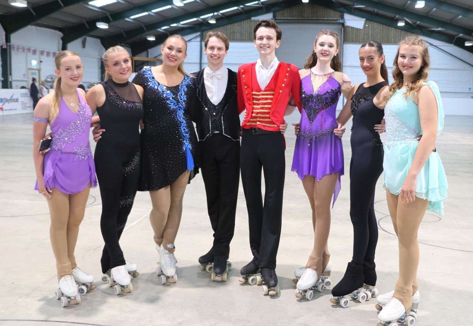 Maidstone Roller Dance Club members Katy Bray, Laura Donoghue, Ella Donoghue, Zac Martin, Oliver Martin, Isabelle Jarvis, Lucy Aves and Anna Slokenburga