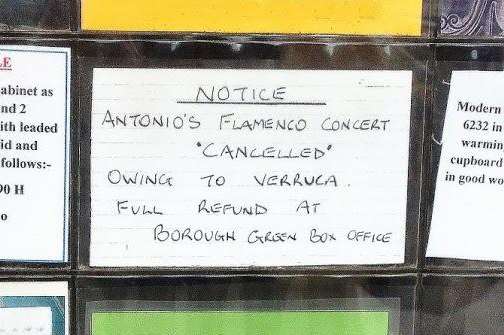 A concert is cancelled because of a verrucca in one of the amusing messages