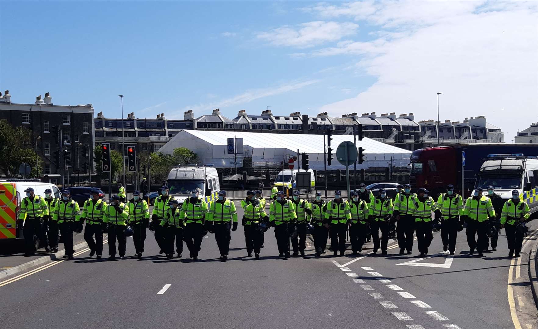 A wall of police push up along York Street during the protest Picture: Sam Lennon