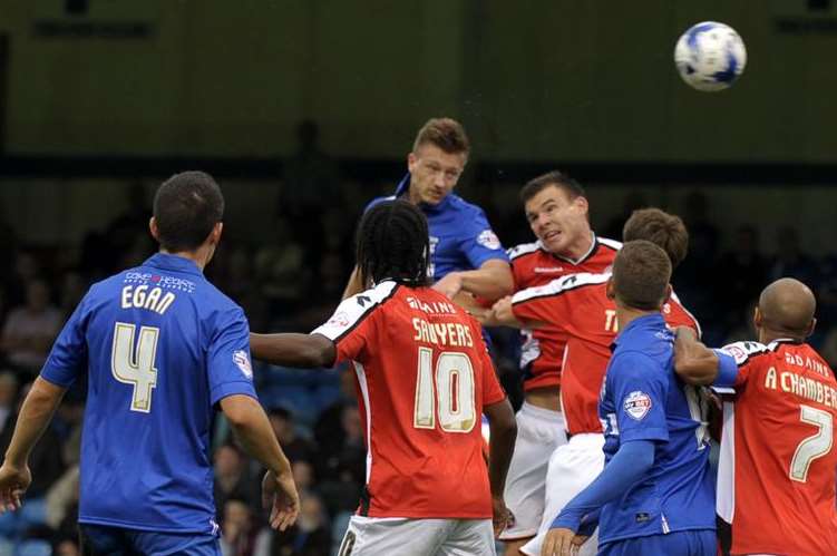 Luke Norris heads goalwards during Gillingham's 0-0 draw with Walsall Picture: Barry Goodwin