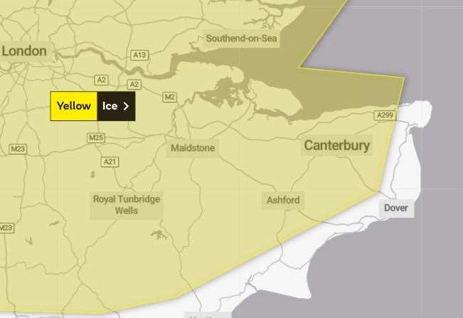 The yellow weather warning for ice covers much of Kent. Photo: Met Office (61352610)
