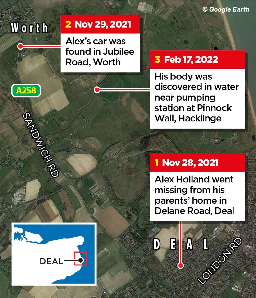 Key locations in the Alex Holland case. KMG graphic