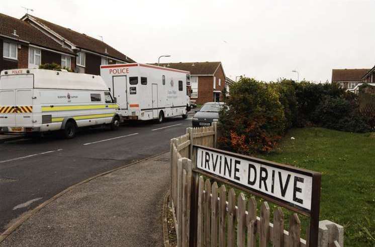 Police outside Peter Tobin's home in Irvine Drive, Margate. Picture: Dave Downey