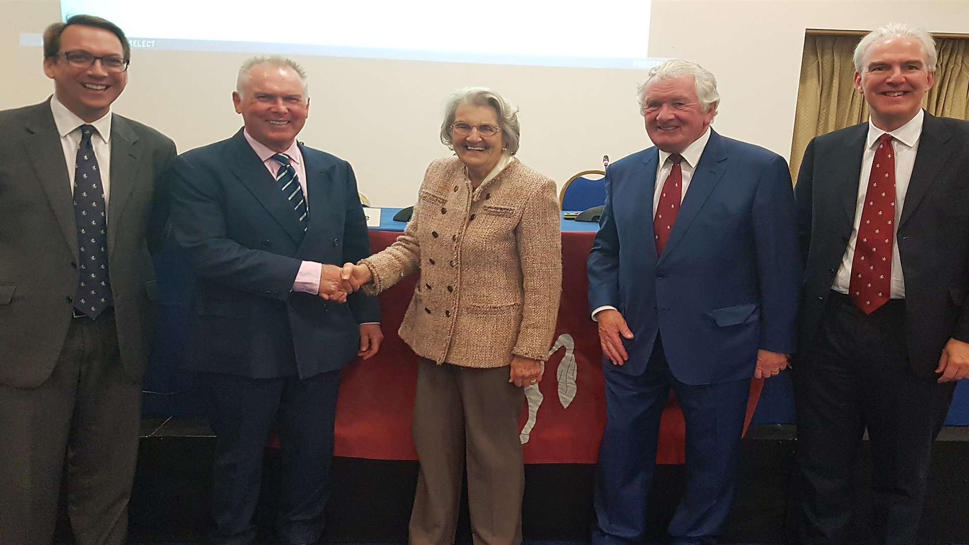 L-R Kent chief executive Jamie Clifford, new president Charlie Rowe, outgoing president Lady Kingsdown, outgoing chairman George Kennedy and new chairman Simon Philip at Kent's 2017 AGM