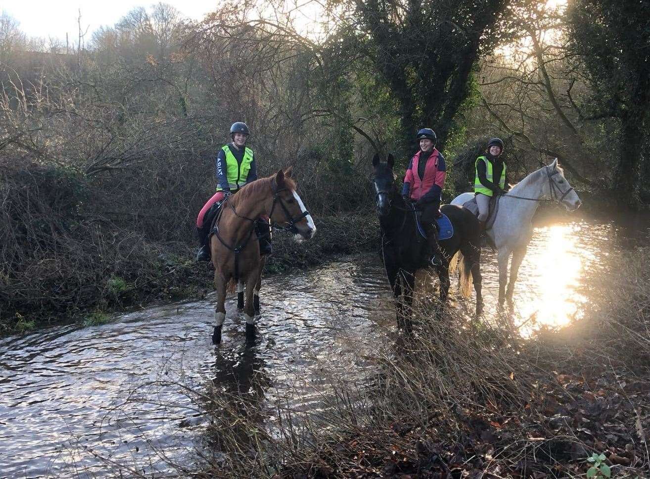 Horses and riders enjoying the river while it runs through Barham this weekend