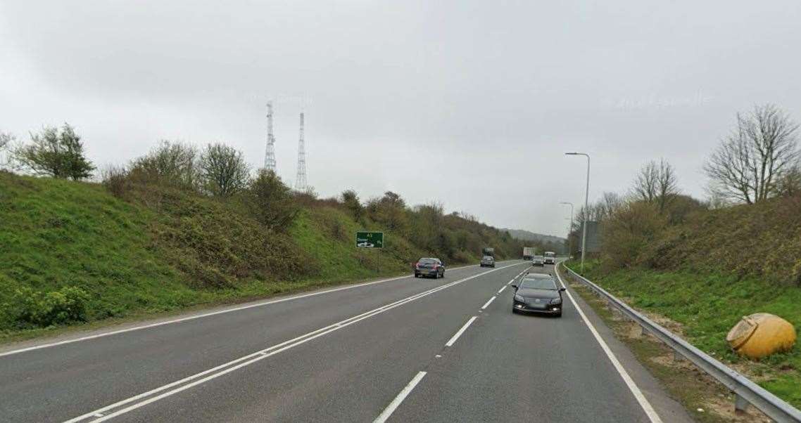 The A2 is shut coastbound in Dover following a crash./ppPicture: Google Maps