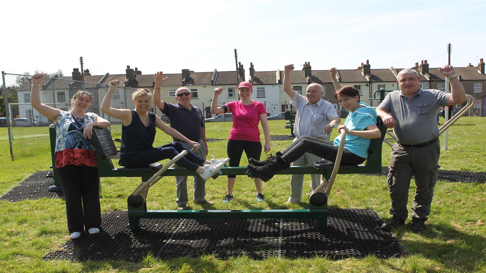 From left, Tracey Williams, resident, Carolyn Drayson, resident, Keith Impiazzi, parish councillor, Evie Ashley, resident, Dave Hammock, Borough Councillor, Anna Munday, parish councillor and Keith Burgin, parish councillor, with new park equipment in Bean Park.