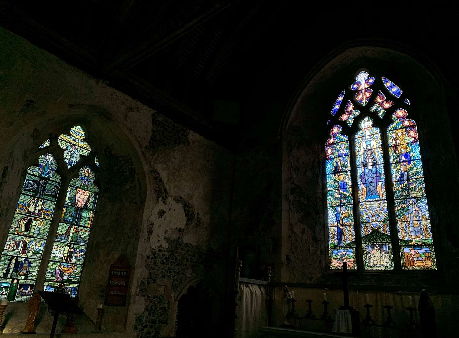 Stained windows in the chapel at Salmestone Grange in Margate