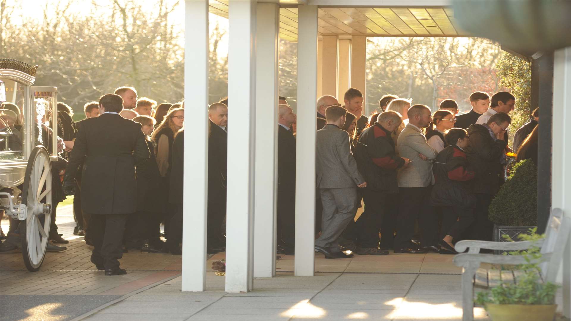 Mourners entering the chapel at the Garden of England Crematorium for Jessica's funeral