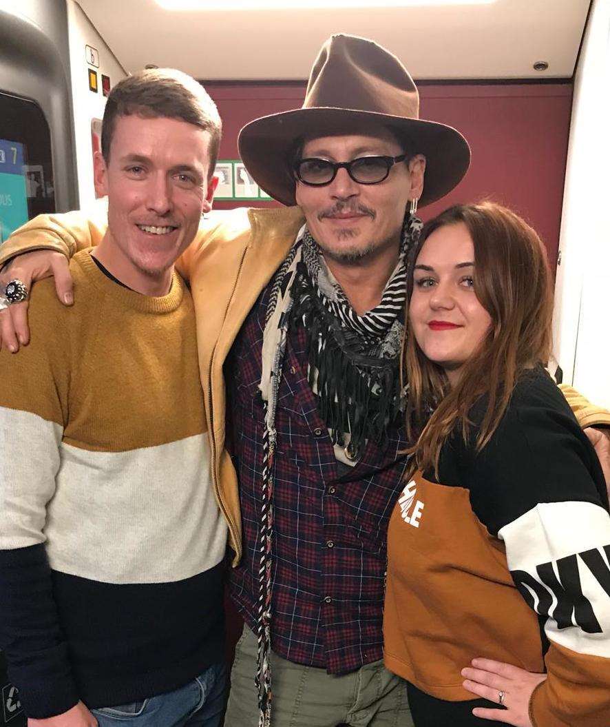 Electrician Dave and social media advisor Roxanne with Johnny Depp