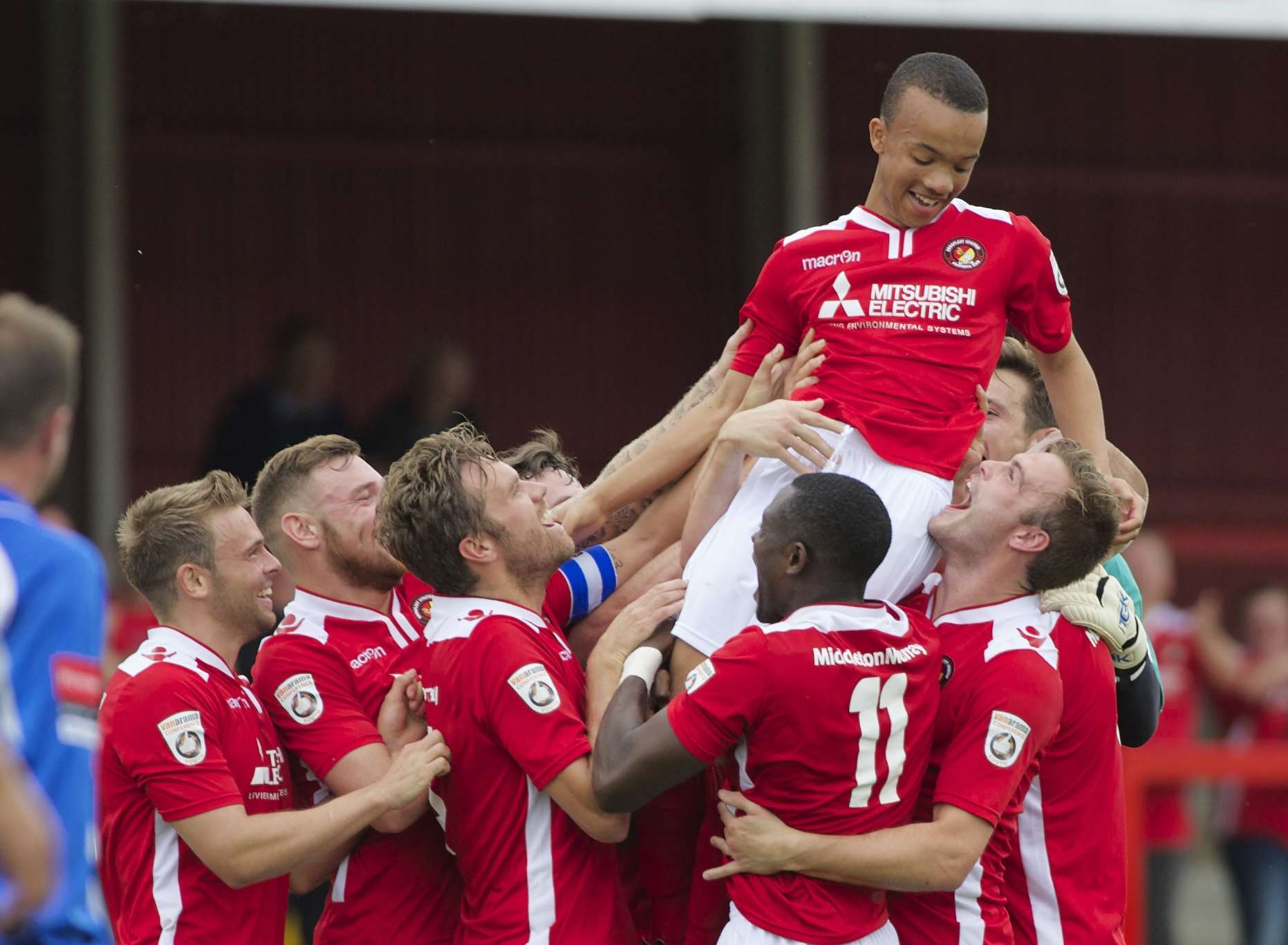 Karn Miller-Neave celebrates his historic debut goal for Ebbsfleet in 2014 Picture: Andy Payton