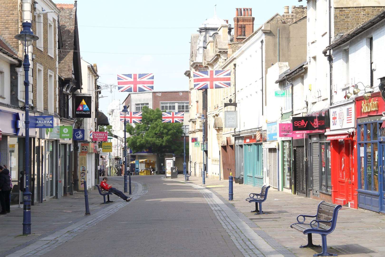 An empty Gravesend town centre remembers the victory in Europe for VE Day 75 with the flags and bunting out. Picture: Gravesham Borough Council