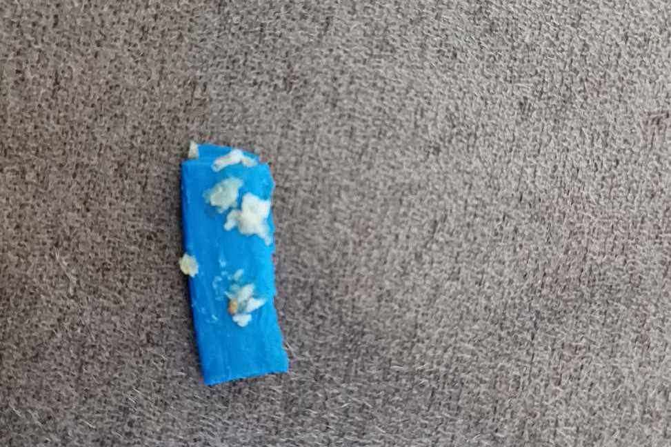 Katie Newman from Ashford found a piece of thick blue plastic inside a chicken dipper from Iceland. Picture: Katie Newman