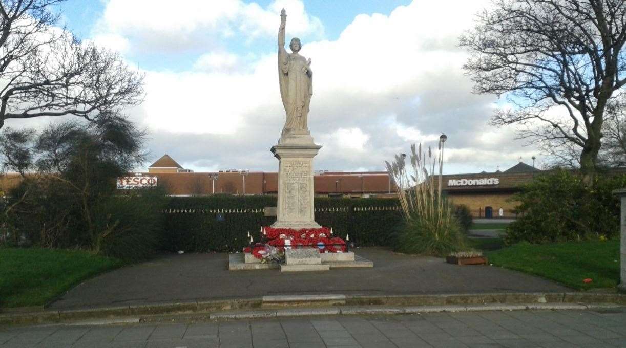 Sheerness war memorial as it is now. The step will be removed and replaced with sloping York paving slabs.