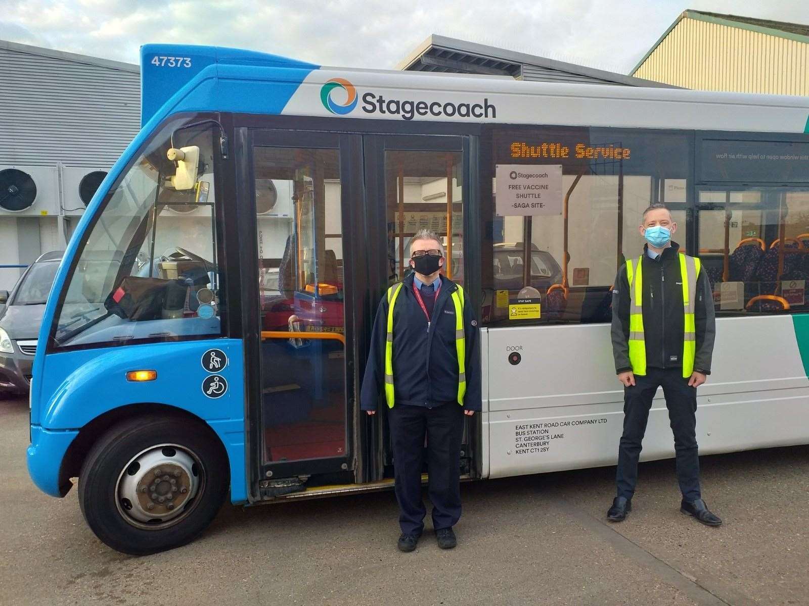 The Stagecoach vaccination shuttle bus with driver Dave Hill (left) and local operations manager Danny Millis (right)