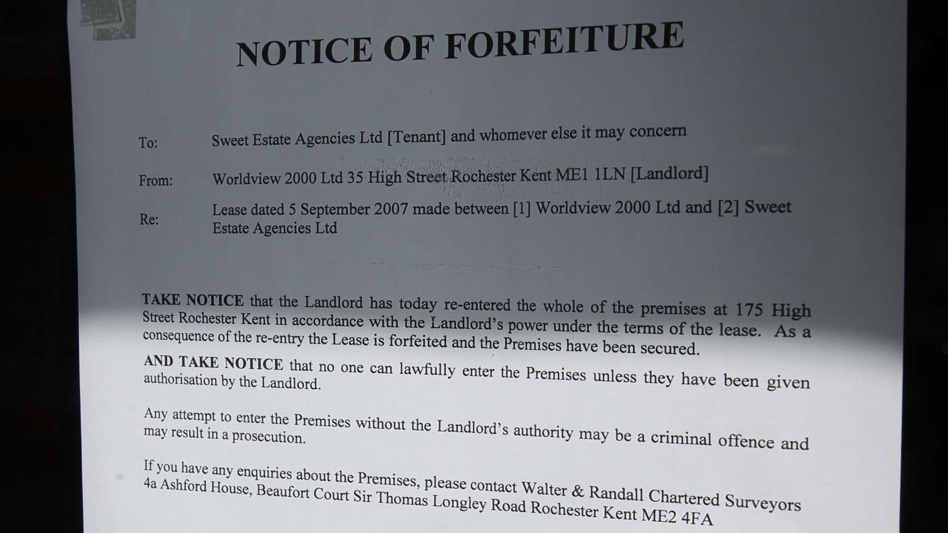 A notice in the window of Sweet property services, 175 High Street, Rochester, which has closed