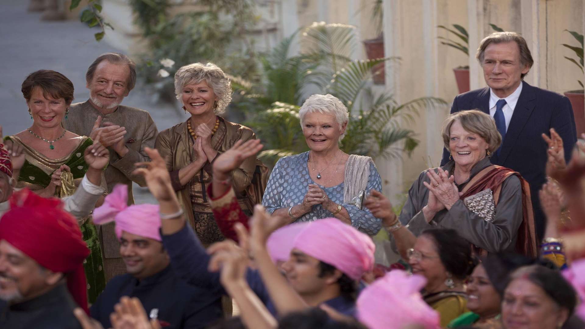 The Second Best Exotic Marigold Hotel (l to r): Celia Imrie as Madge Hardcastle, Ronald Pickup as Norman Cousins, Diana Hardcastle as Carol, Judi Dench as Evelyn Greenslade, Maggie Smith as Muriel Donnely and Bill Nighy as Douglas Ainslie. Picture: PA Photo/Laurie Sparham/Twentieth Century Fox