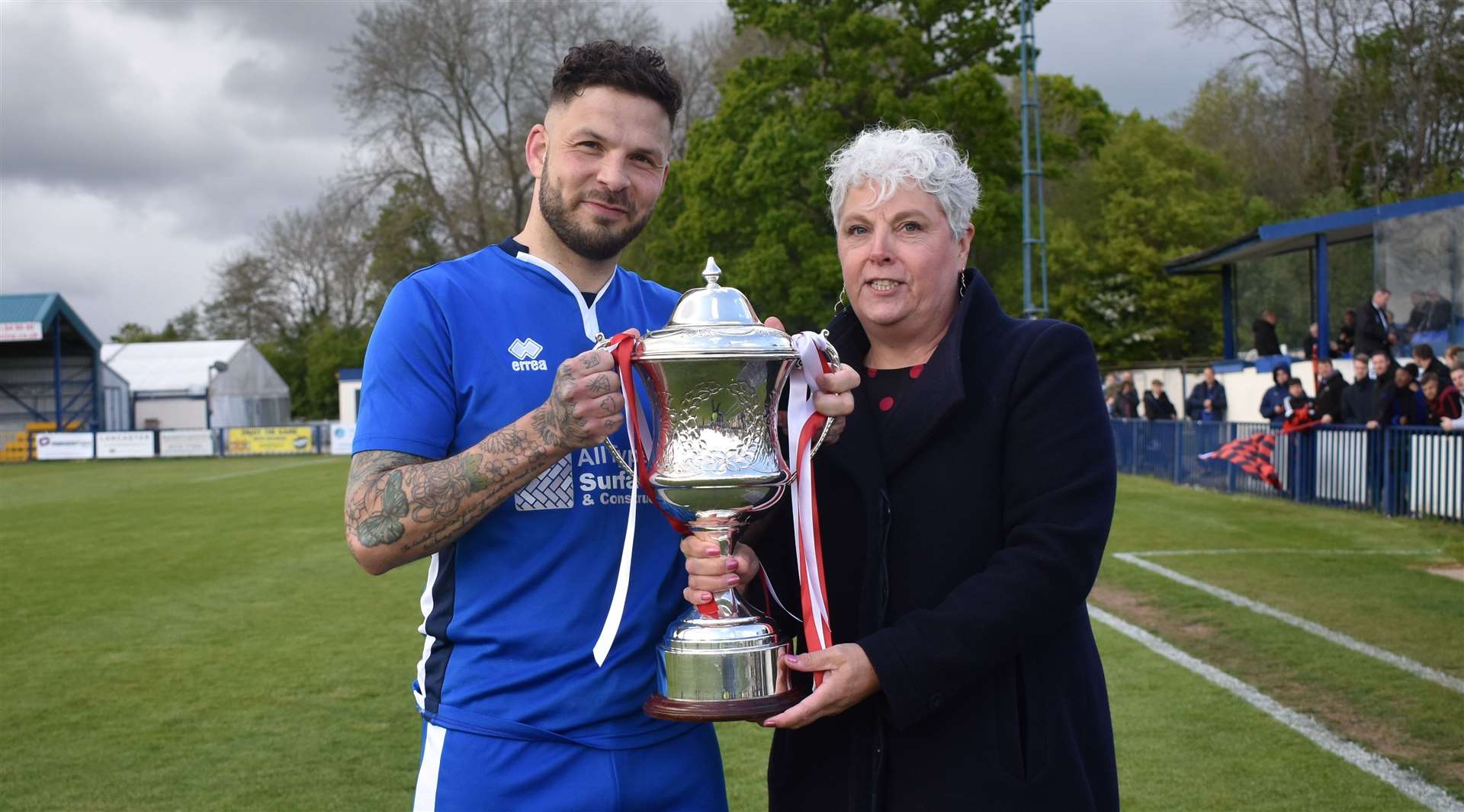 Chatham skipper Paul Vines received the SCEFL Challenge Cup trophy from League Chair Denise Richmond last season but there won't be a winner this year after it was cancelled at the semi-final stage Picture: Alan Coomes