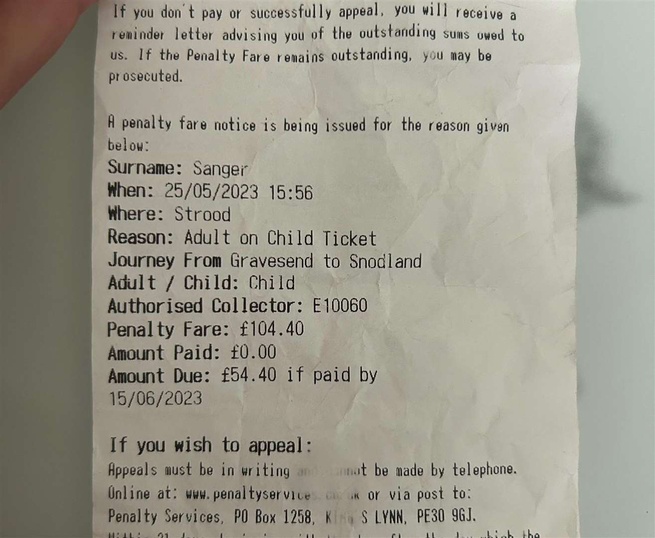 The penalty fine Leila received for being "an adult travelling on a child's fare"