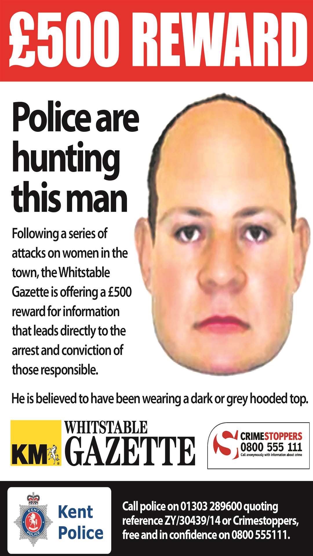 Reward poster in hunt for Whitstable attacker