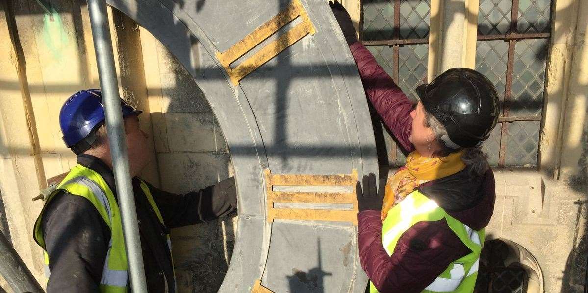 The clock face being carefully removed in 2018. Picture: Canterbury Cathedral
