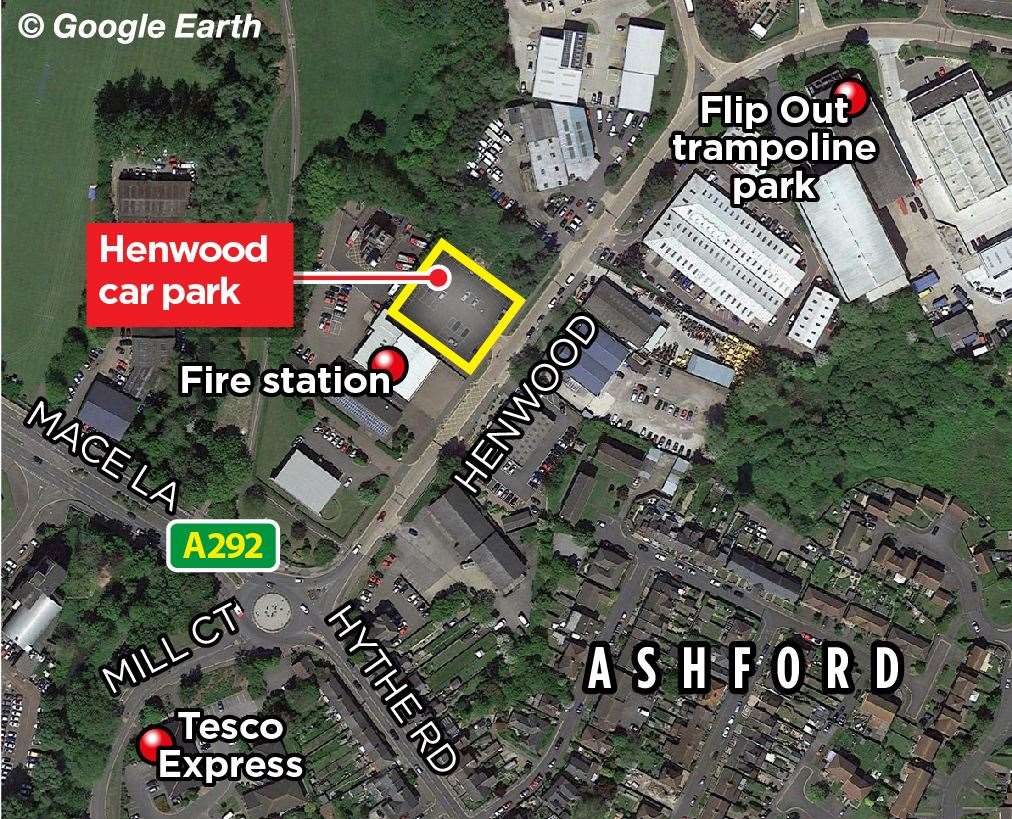 The car park is next to Ashford fire station not far from the entrance to the industrial estate