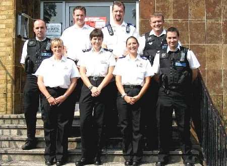 AIMING TO MAKE A DIFFERENCE: rear row PC Jamie Little, PC Andy Stringer, PCSO Tony Lewis, Sgt Stacy Robson, front row PCSO Linda Colthorpe, Insp Kay Maynard, PCSO Lynda Edwicker, PC Dave Reynolds